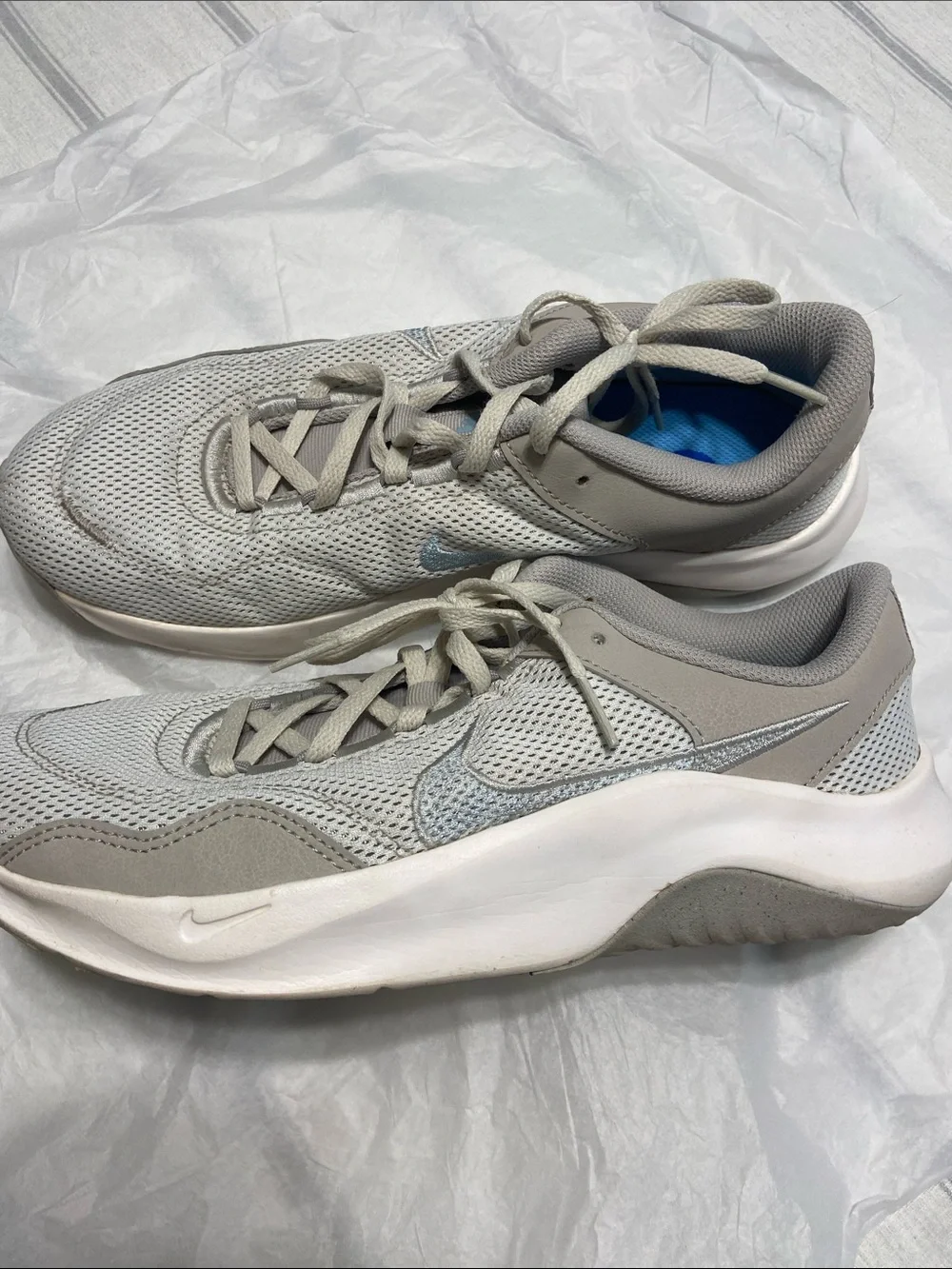 Nike women’s Light tan Mesh Sneaker with Subtle Silver Swoosh